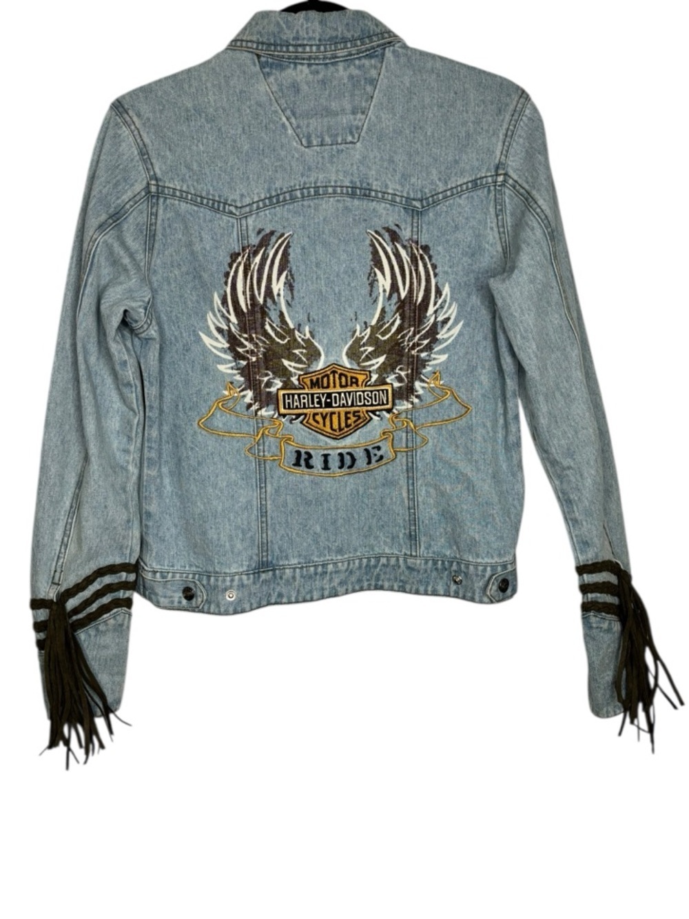 VTG Harley-Davidson Embroidered Denim Jacket Leather Fringe Button Front Small - Picture 2 of 11